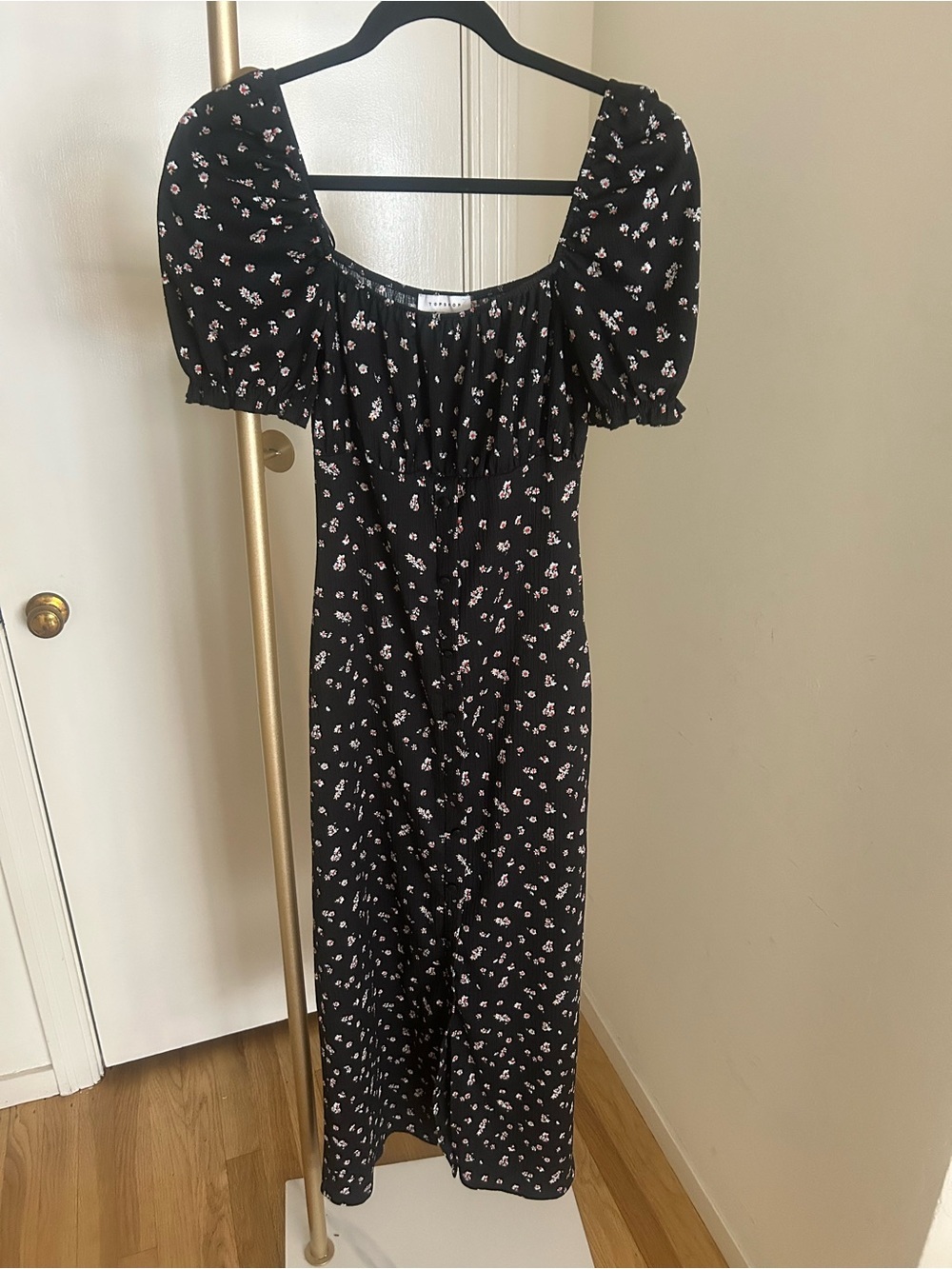 Topshop Black Floral Puff Sleeve Midi Dress Cottagecore Milkmaid US 6